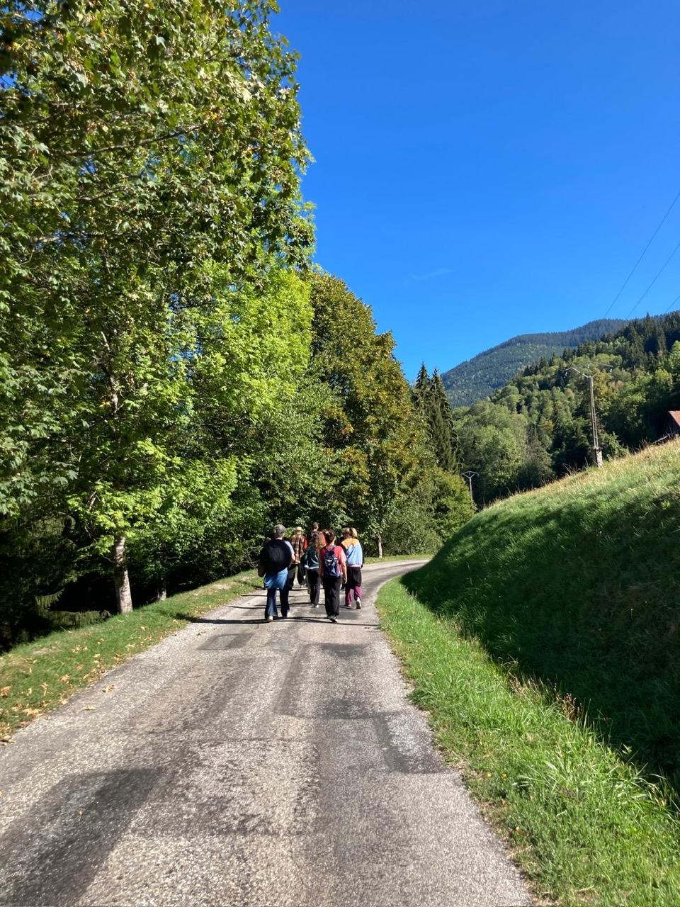 Groupe de personnes marchant sur un chemin de campagne, ciel bleu et montagnes en arrière-plan