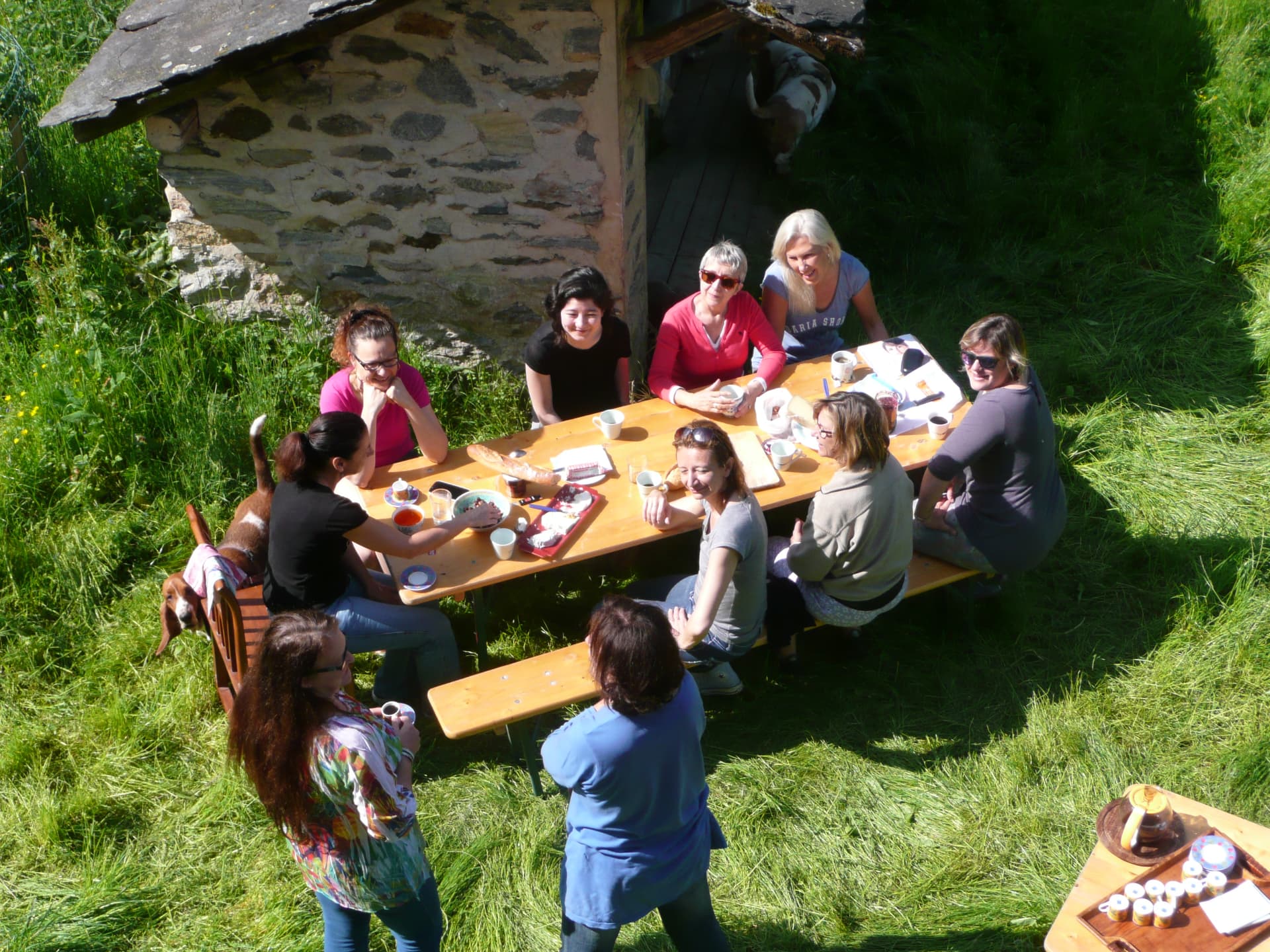 Groupe de femmes en réunion de travail en extérieur, autour d'une table en bois, lumière naturelle